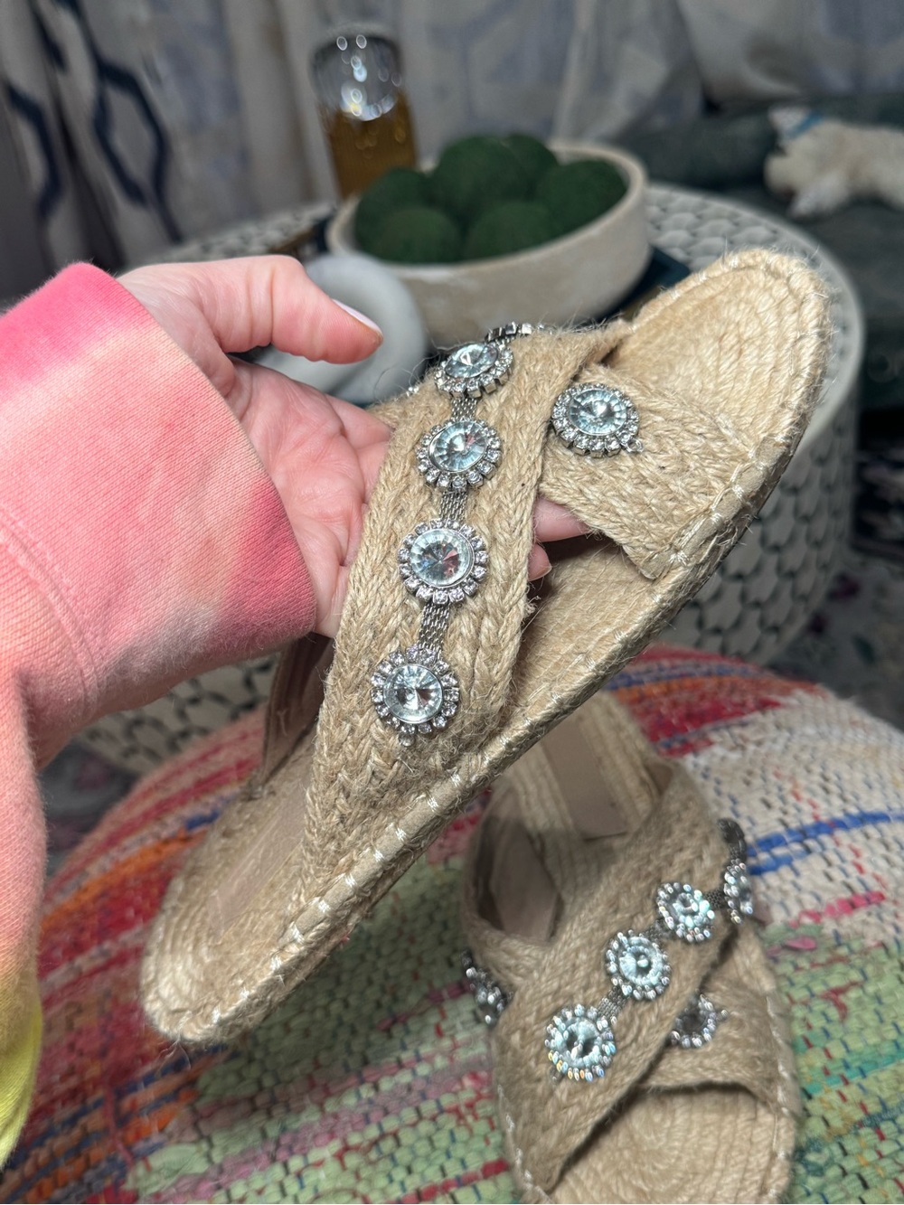 ASOS Natural Jute Slide Sandals with Crystal Embellishments Boho Woven